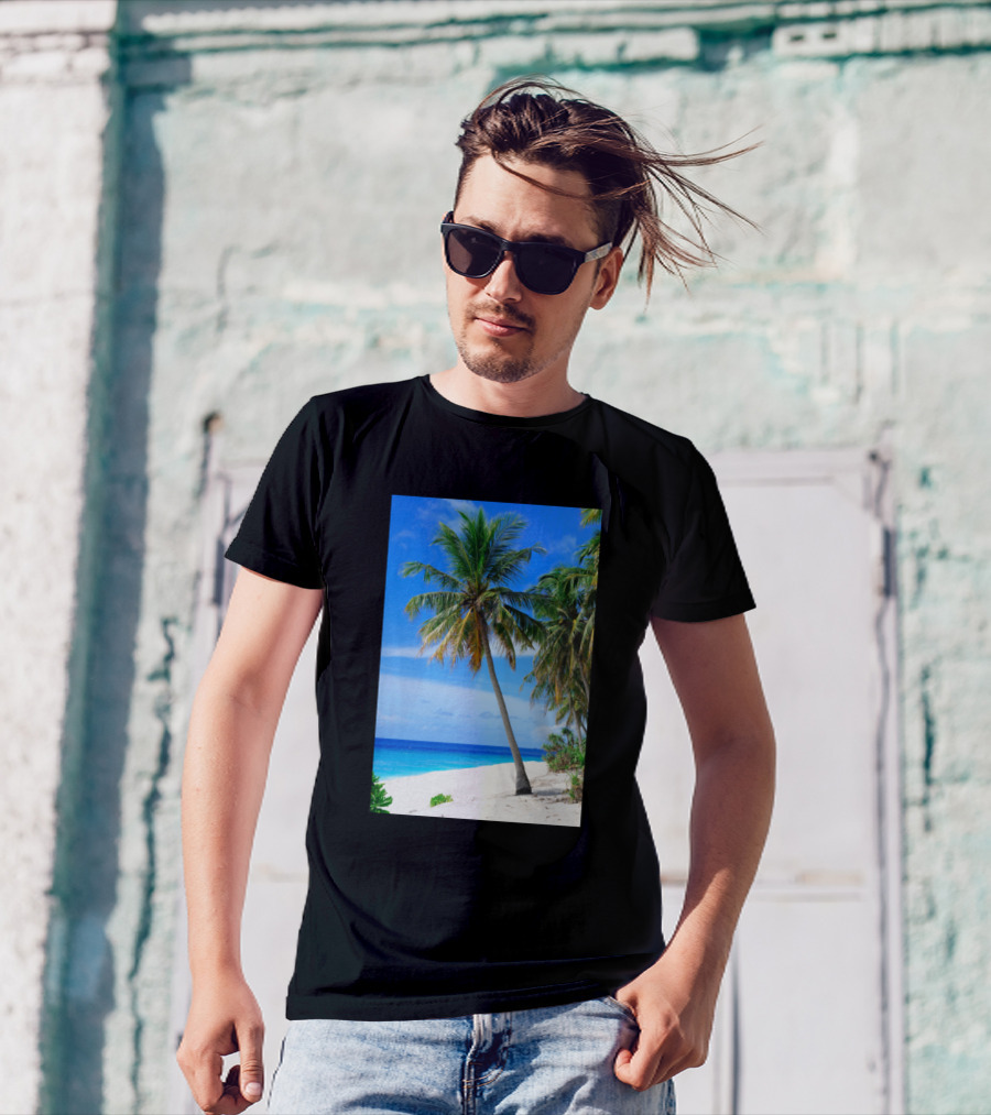 Palm Tree By Tropical Beach Ocean Shore Blue Sky T-Shirt
