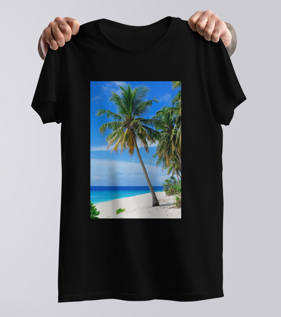Palm Tree By Tropical Beach Ocean Shore Blue Sky T-Shirt