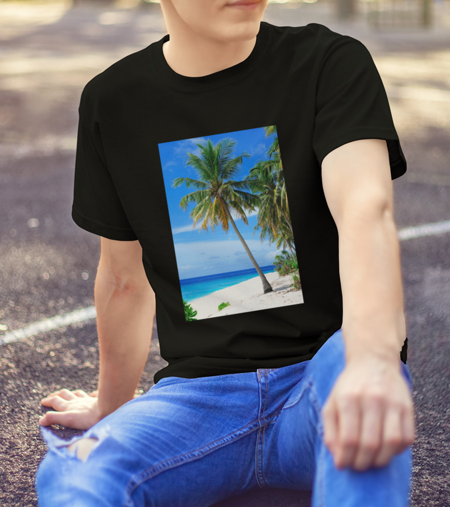 Palm Tree By Tropical Beach Ocean Shore Blue Sky T-Shirt