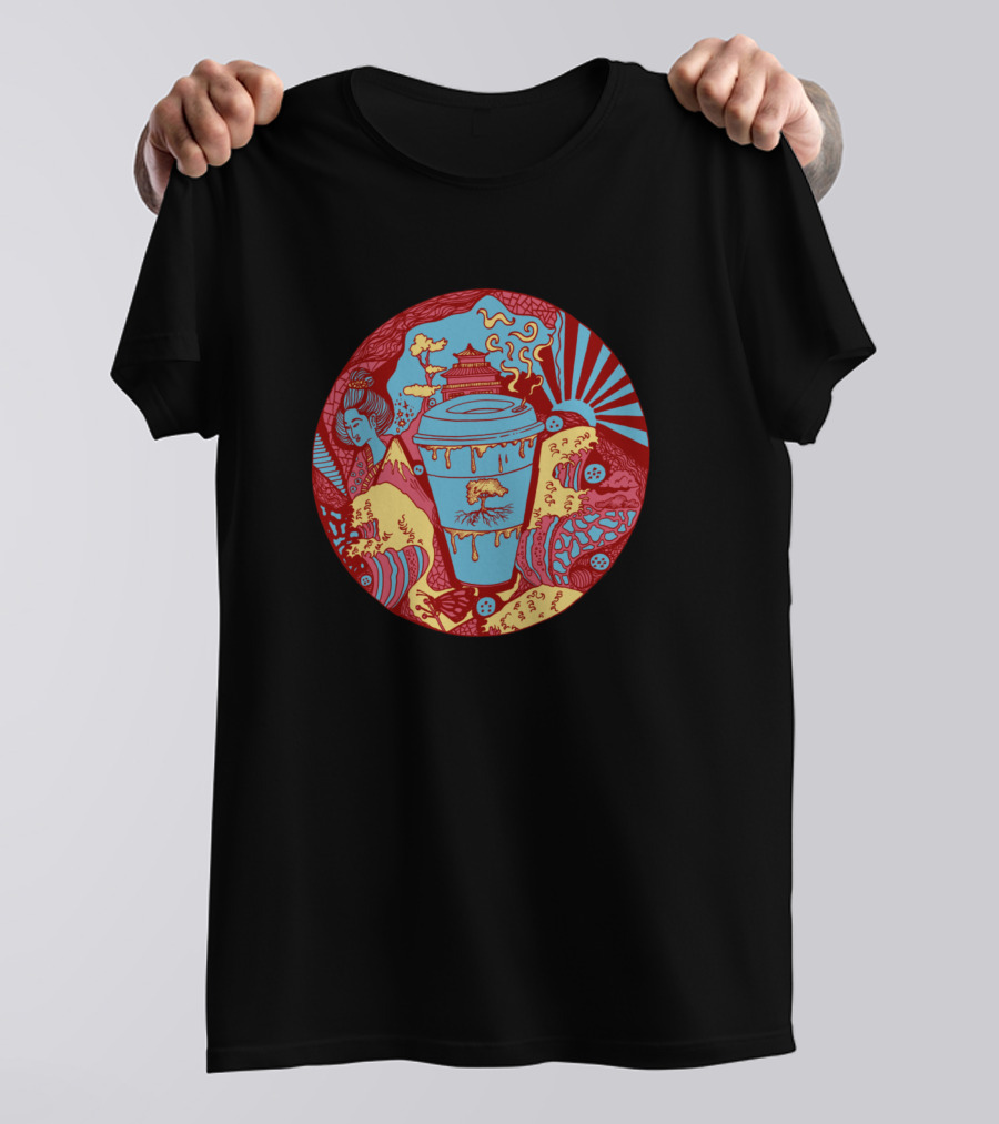 Pastel Tones Coffee In Japan With Traditional Elements And Landscape T-Shirt