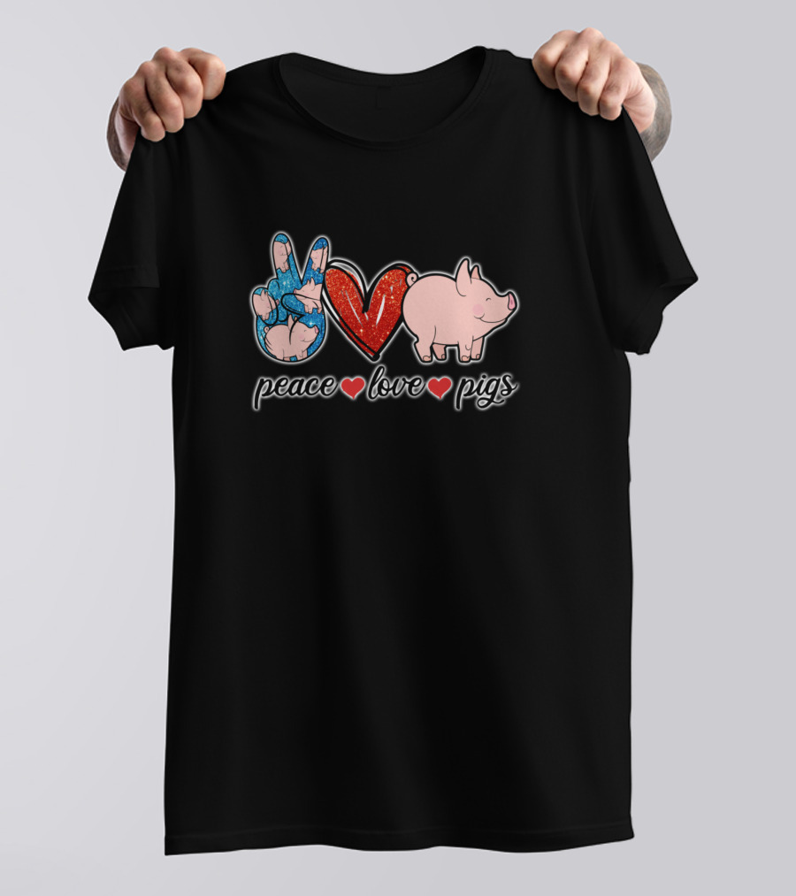Peace Heart Pig With Hand Symbol And Glitter Accents T-Shirt