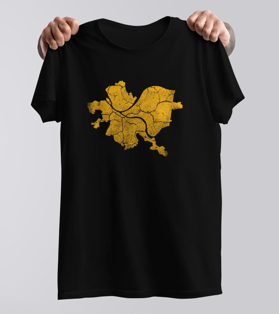 Pittsburgh Steel City Pennsylvania Map 412 Yellow Cracked Texture T-Shirt