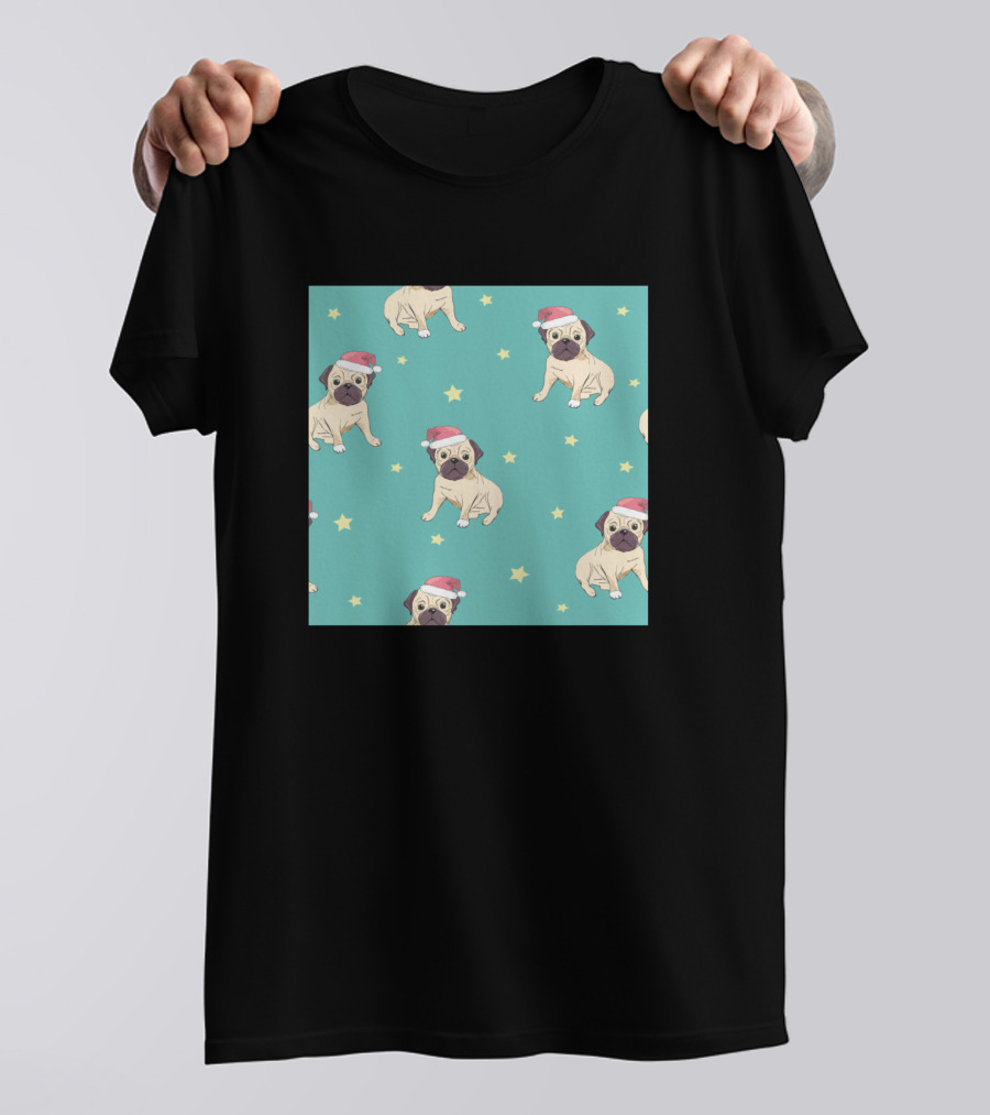 Pug Santa Hat Festive Pattern With Stars T-Shirt