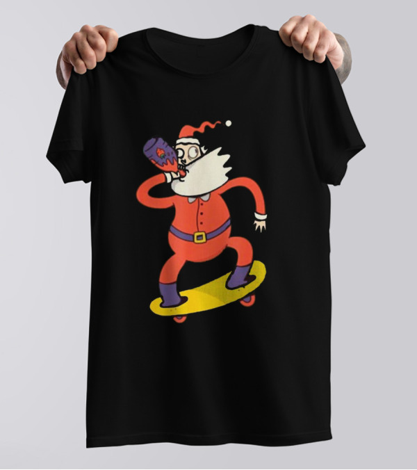 Santa With Skateboard And Drink T-Shirt