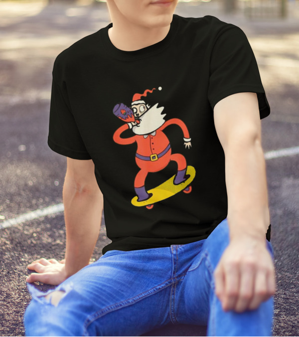 Santa With Skateboard And Drink T-Shirt
