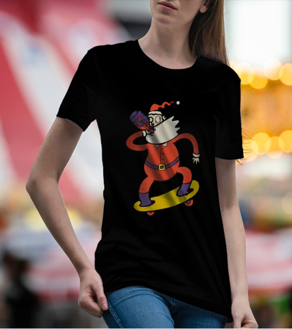 Santa With Skateboard And Drink T-Shirt