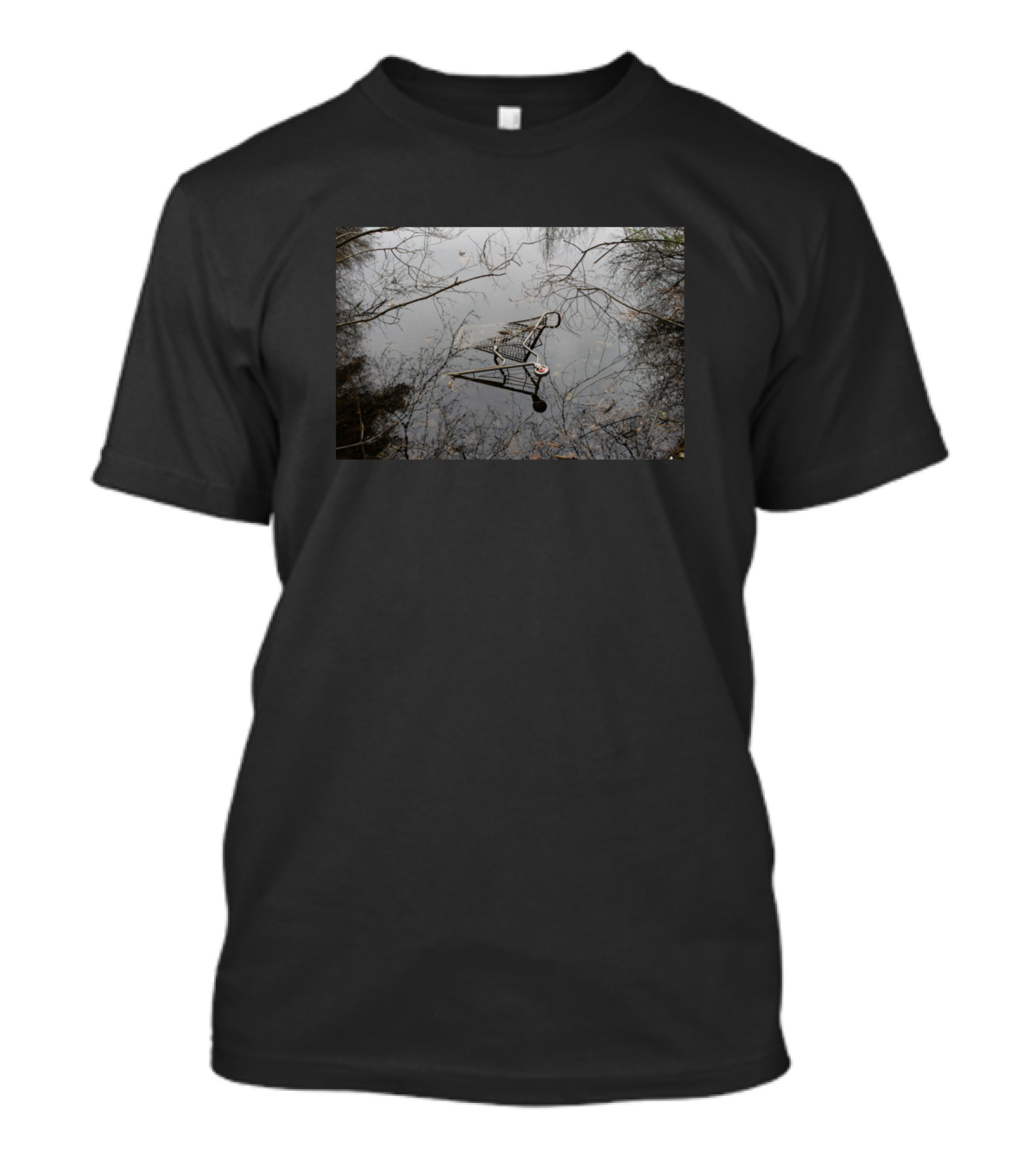 Reflective Shopping Cart Submerged In Tranquil Pond Scene T-Shirt