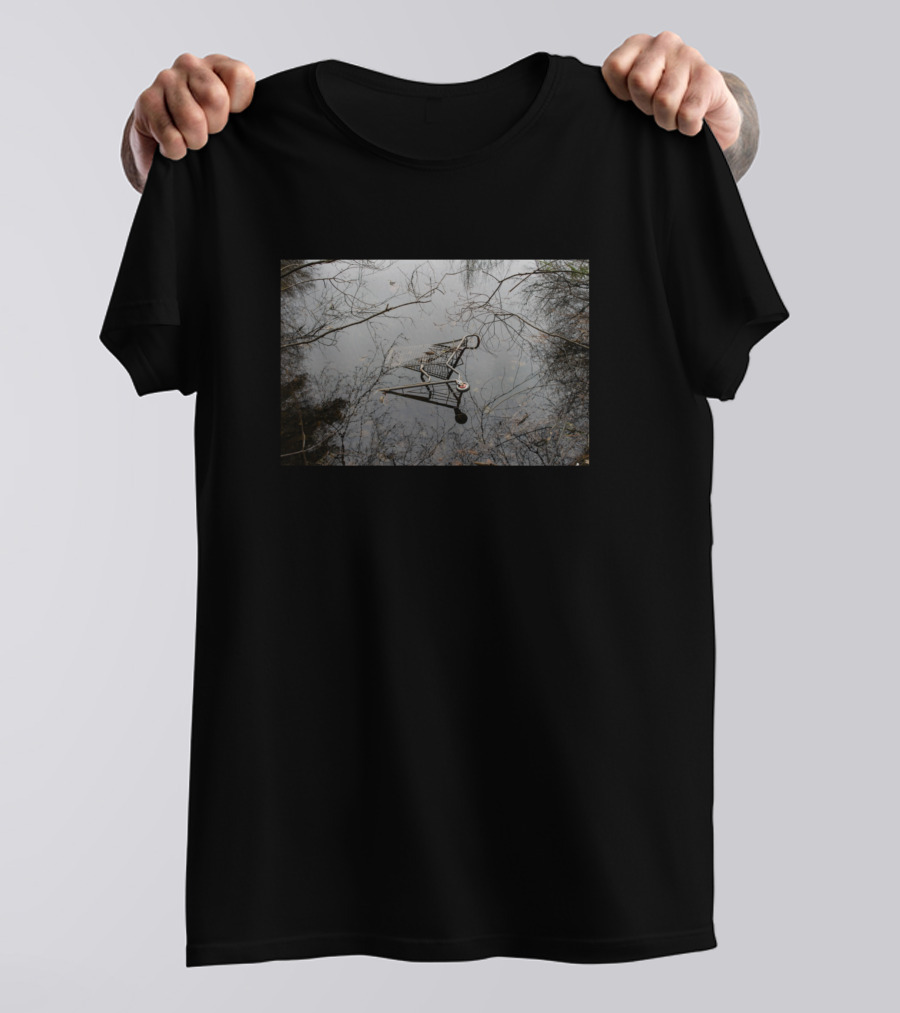 Reflective Shopping Cart Submerged In Tranquil Pond Scene T-Shirt