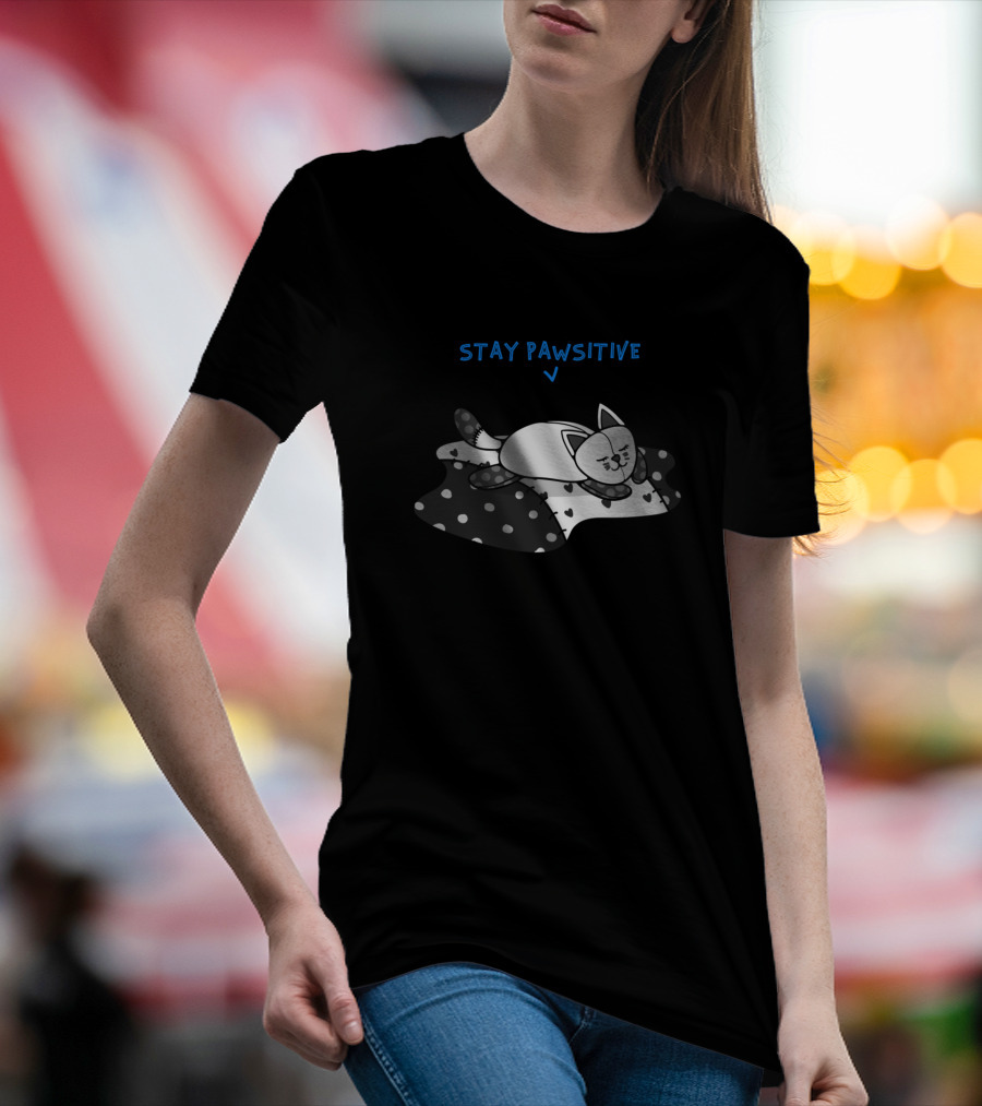 Stay Pawsitive Cute Sleeping Kitten On Polka Dot Blanket T-Shirt