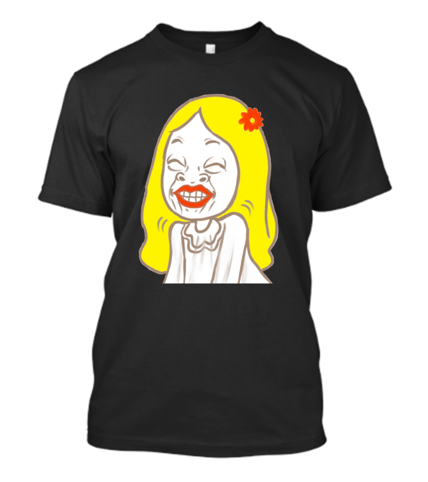 Strange Sister Jella Cartoon Character With Yellow Hair And Red Flower T-Shirt