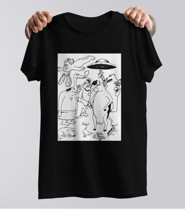 The Far Side Comic Characters UFO Caveman Cow Humor T-Shirt
