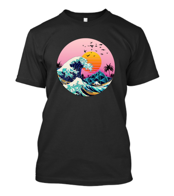 The Japanese Wave Sunset Palm Trees And Geometric Shapes T-Shirt
