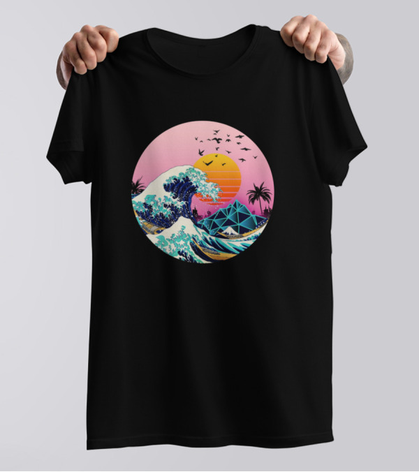 The Japanese Wave Sunset Palm Trees And Geometric Shapes T-Shirt