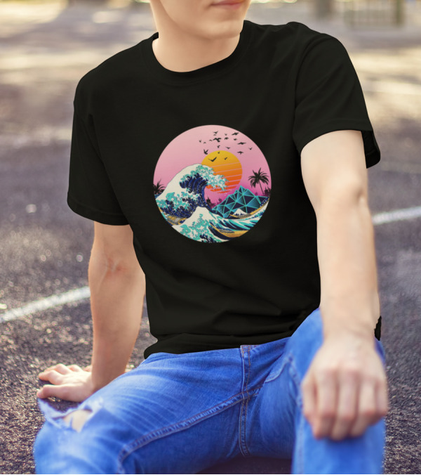 The Japanese Wave Sunset Palm Trees And Geometric Shapes T-Shirt