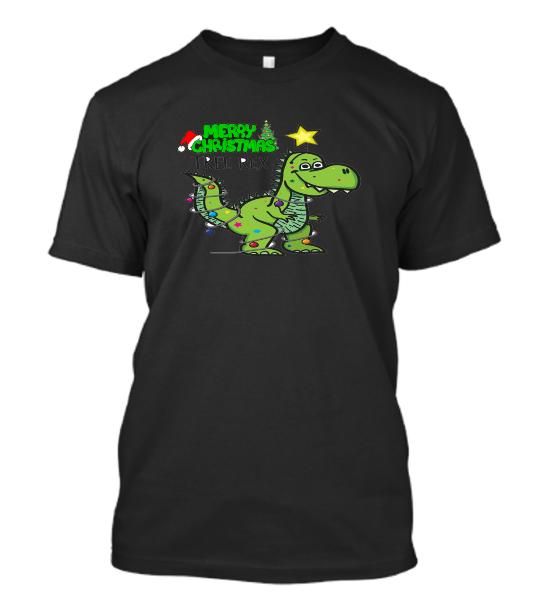 Merry Christmas Tree Rex Dinosaur With Santa Hat And Star Lights T-Shirt