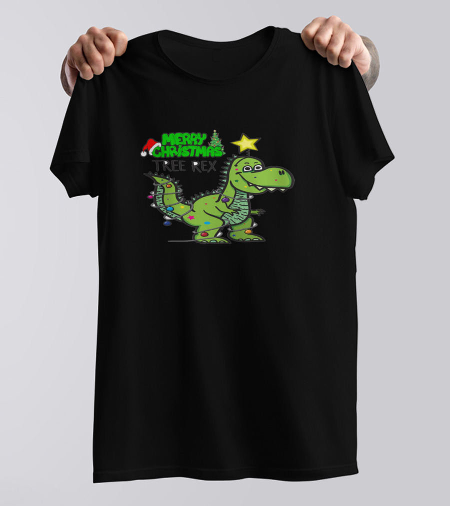 Merry Christmas Tree Rex Dinosaur With Santa Hat And Star Lights T-Shirt