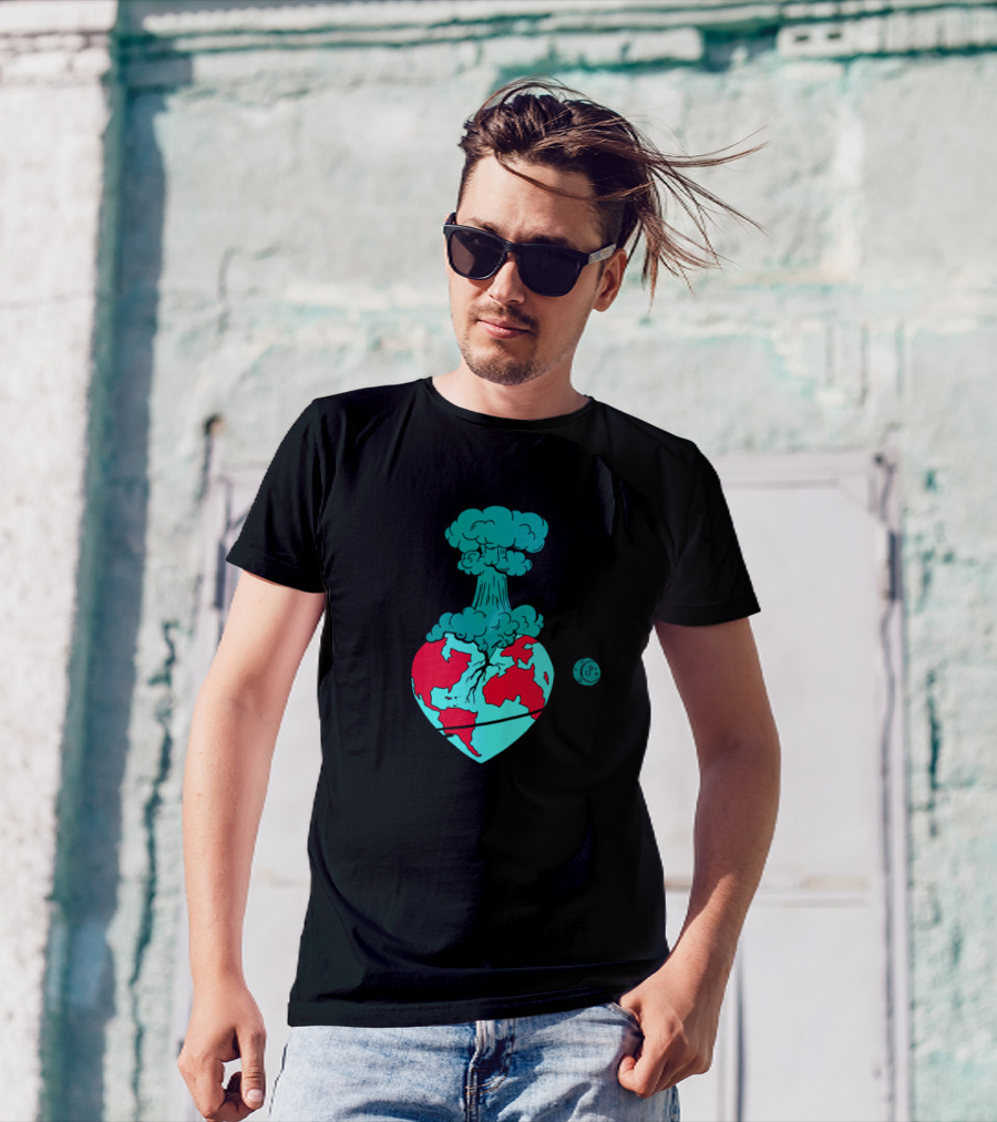 Turqred Atomic Heart Exploding Earth With Orbiting Moon T-Shirt