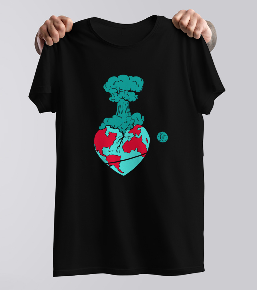 Turqred Atomic Heart Exploding Earth With Orbiting Moon T-Shirt