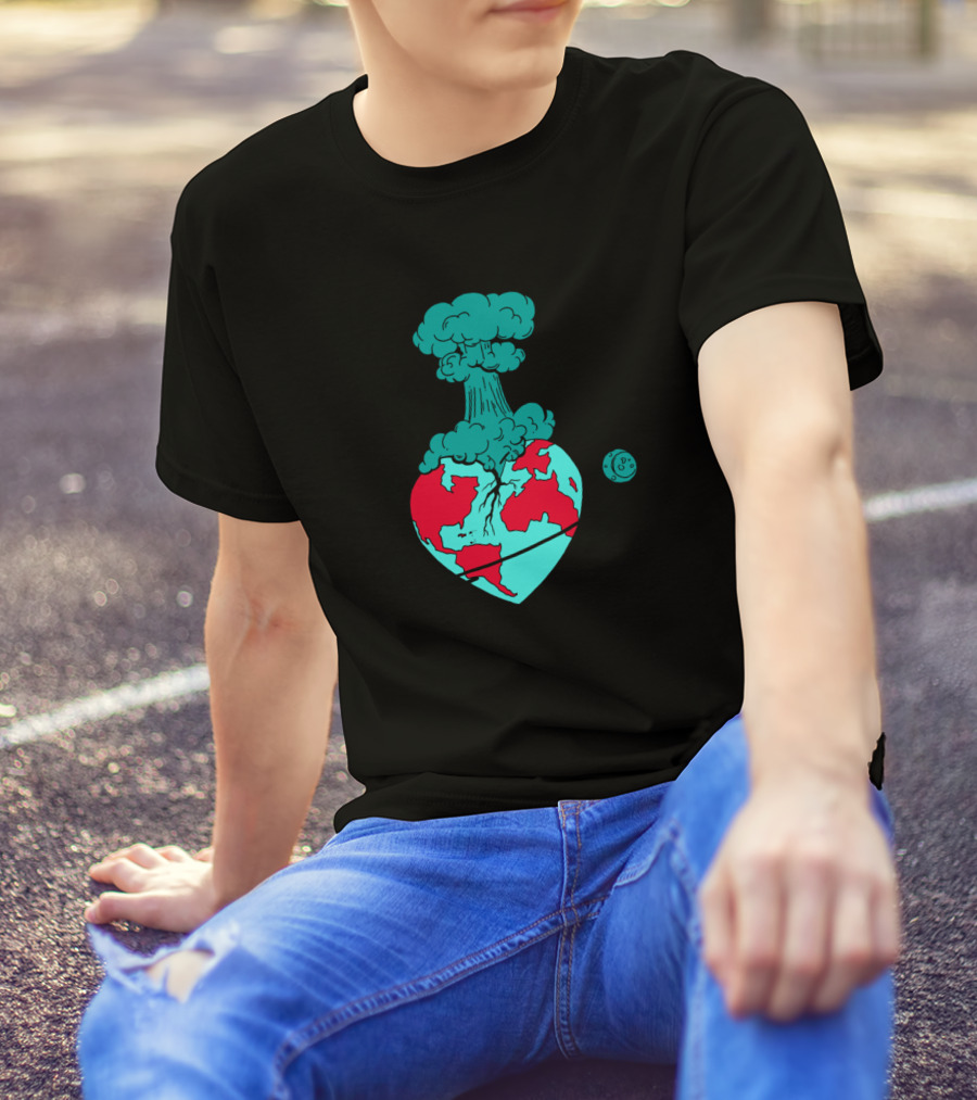 Turqred Atomic Heart Exploding Earth With Orbiting Moon T-Shirt