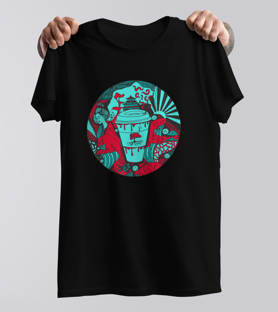 Turqred Coffee In Japan With Samurai And Pagoda Elements T-Shirt