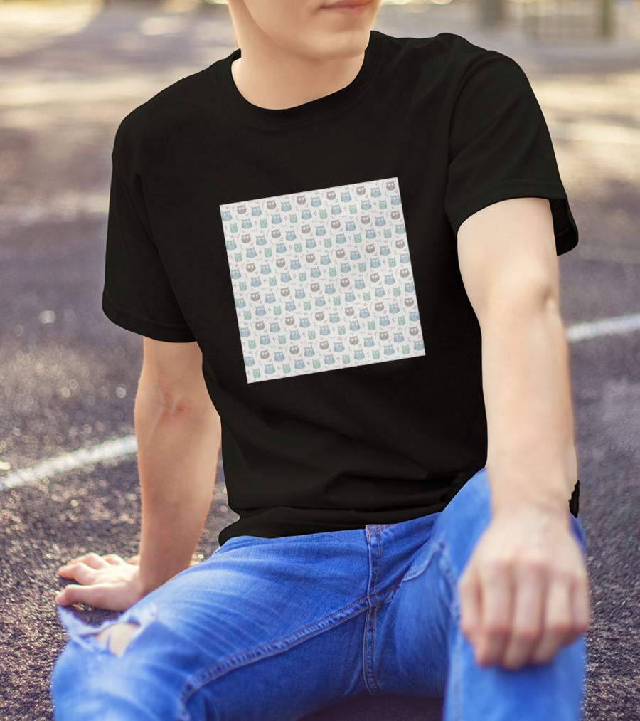 Playful Pattern Of Whimsical Blue And Green Owl Faces T-Shirt