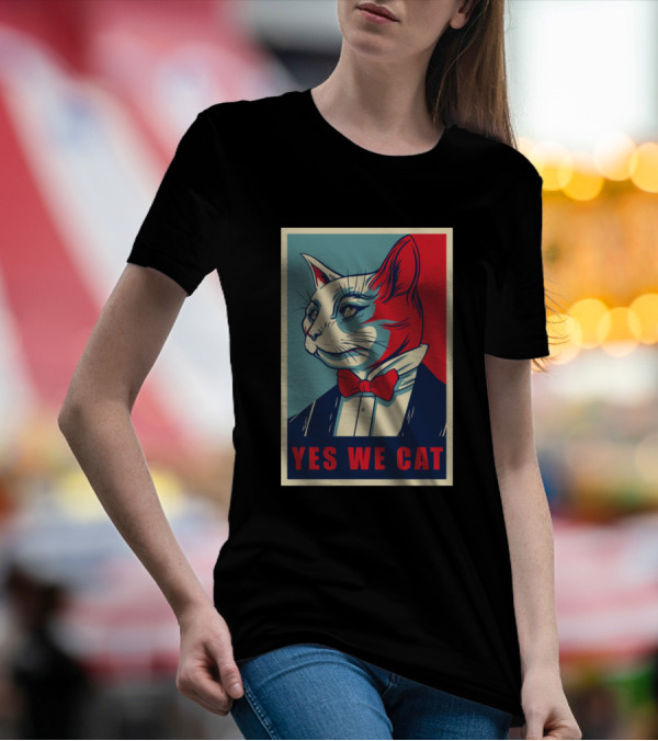 Yes We Cat Funny Kitty Poster Parody With Red Bow Tie T-Shirt