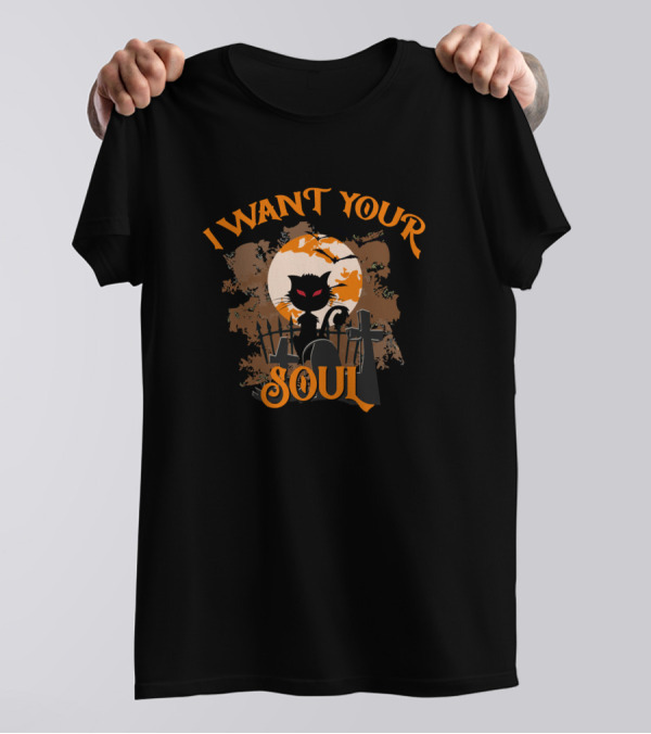 Halloween Cat I Want Your Soul Moon Funny Cat T-Shirt