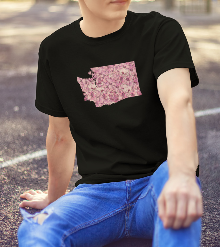 Washington State Outline Filled With Pink Flowers T-Shirt