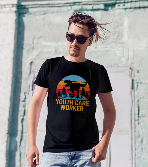 Youth Care Worker Dinosaur Retro Mountain Sunset T-Shirt
