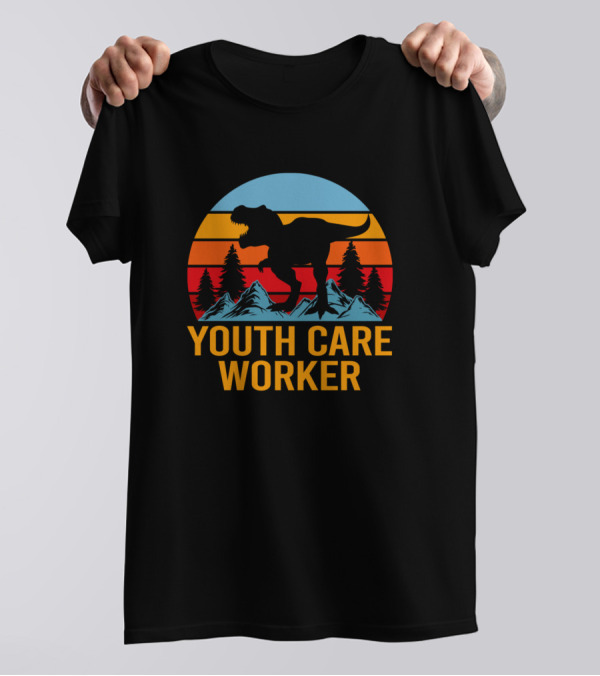 Youth Care Worker Dinosaur Retro Mountain Sunset T-Shirt