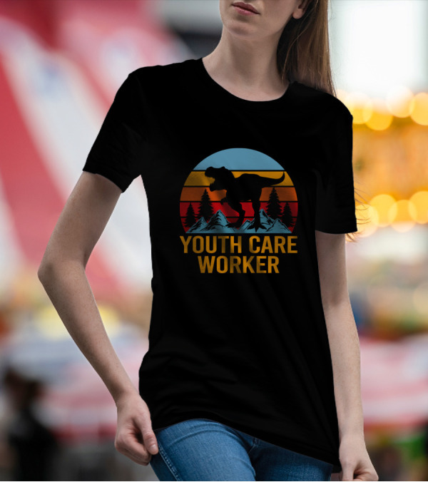 Youth Care Worker Dinosaur Retro Mountain Sunset T-Shirt