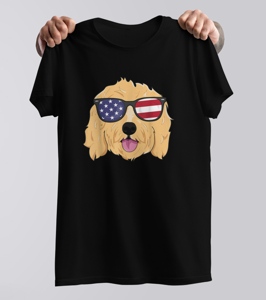 American Goldendoodle With USA Flag Sunglasses Doodle Dog Puppy T-Shirt