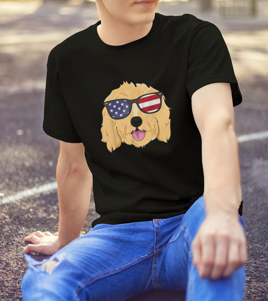 American Goldendoodle With USA Flag Sunglasses Doodle Dog Puppy T-Shirt