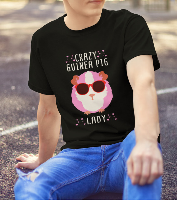 Crazy Guinea Pig Lady Guinea Pigs Lover Wear Sunglasses Surrounded By Hearts T-Shirt