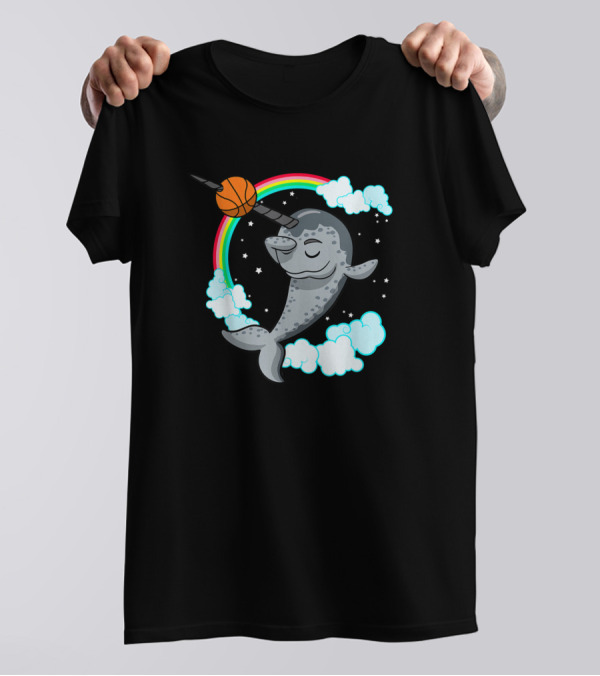 Dabbing Narwhal Basketball Rainbow Clouds T-Shirt