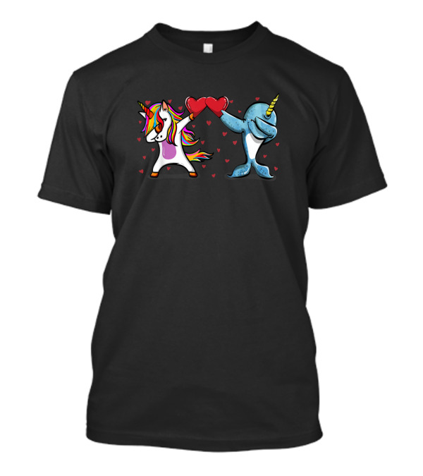 Magical Dabbing Unicorn And Narwhal Heart Valentines Day T-Shirt