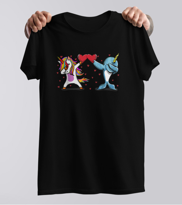 Magical Dabbing Unicorn And Narwhal Heart Valentines Day T-Shirt