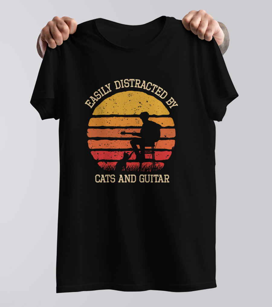 Easily Distracted By Cats And Guitar Silhouette Sunset Vibes T-Shirt