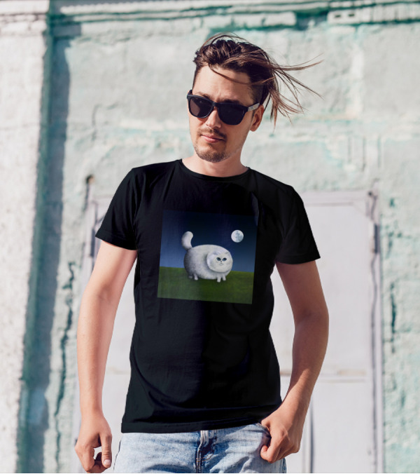 Fat Cat Nighttime Moon Gaze T-Shirt