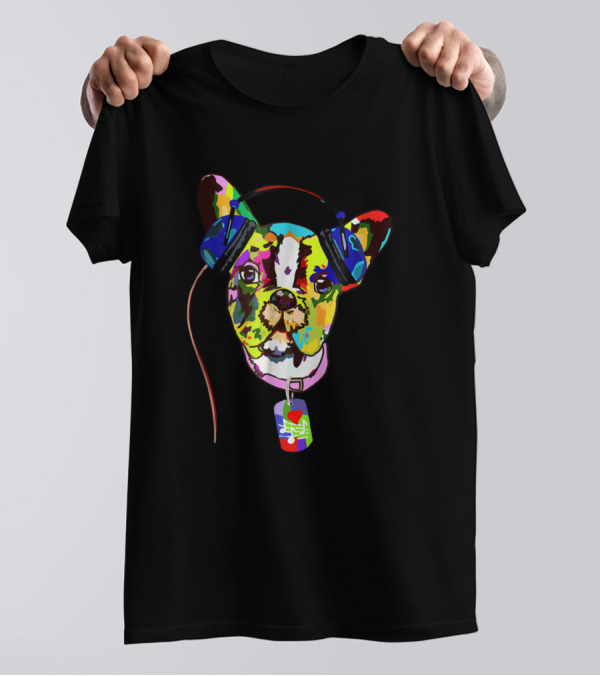 French Bulldog With Colorful Headphones Music Dog T-Shirt