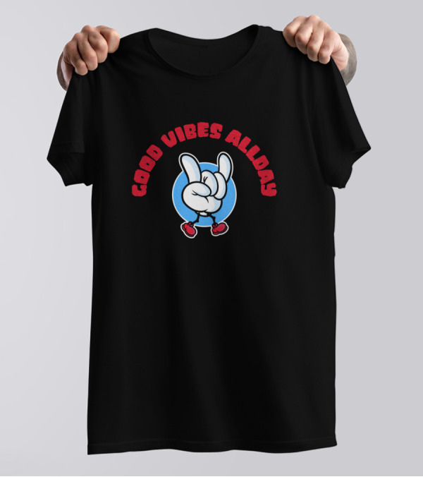 Good Vibes Allday Cartoon Hand Gesture In Red Sneakers T-Shirt