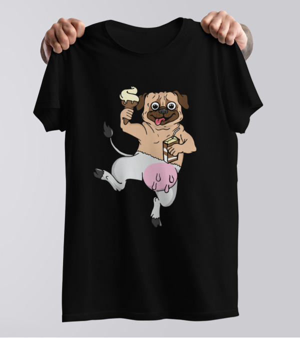 Half Dog Pug Half Cow Eating Ice Cream And Holding Milk T-Shirt