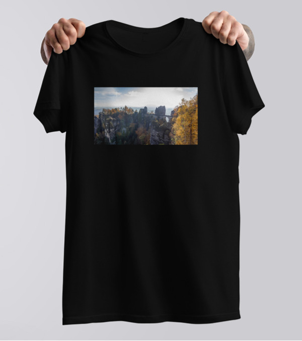 Hill View Rock Bridge Sunshine Autumn Landscape T-Shirt