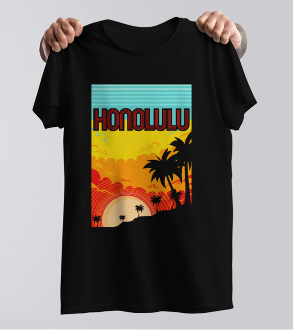 HONOLULU Sunset Tropical Palm Silhouette Scenic Landscape T-Shirt
