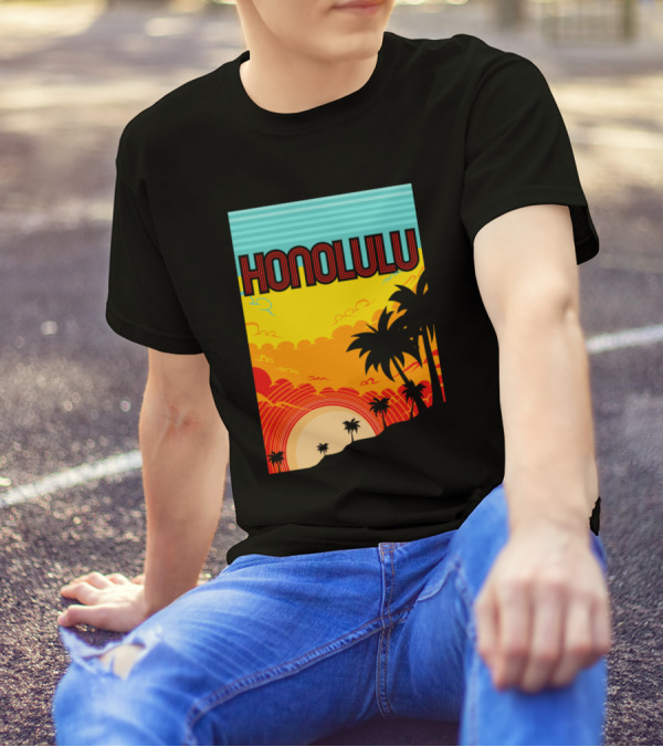 HONOLULU Sunset Tropical Palm Silhouette Scenic Landscape T-Shirt