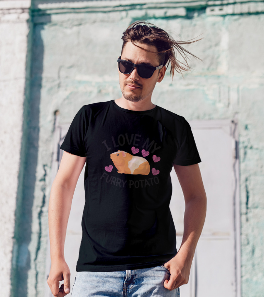 I Love My Furry Potato Guinea Pig Surrounded By Pink Hearts T-Shirt