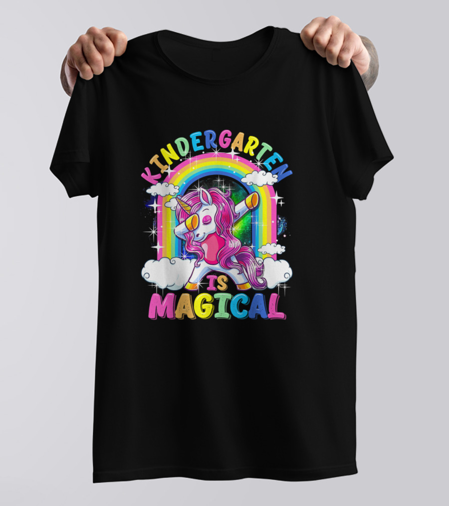 Kindergarten Is Magical Dabbing Unicorn Rainbow Clouds T-Shirt