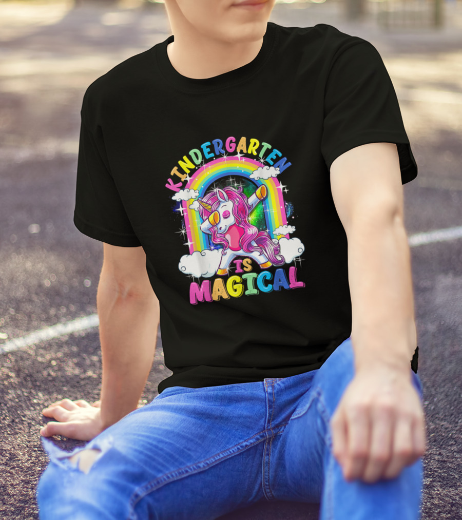 Kindergarten Is Magical Dabbing Unicorn Rainbow Clouds T-Shirt