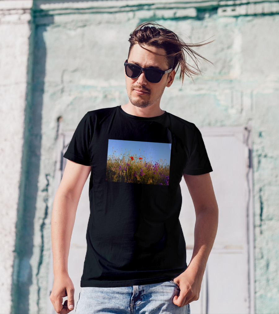 Nature Landscape Green Field Red And Purple Flowers T-Shirt