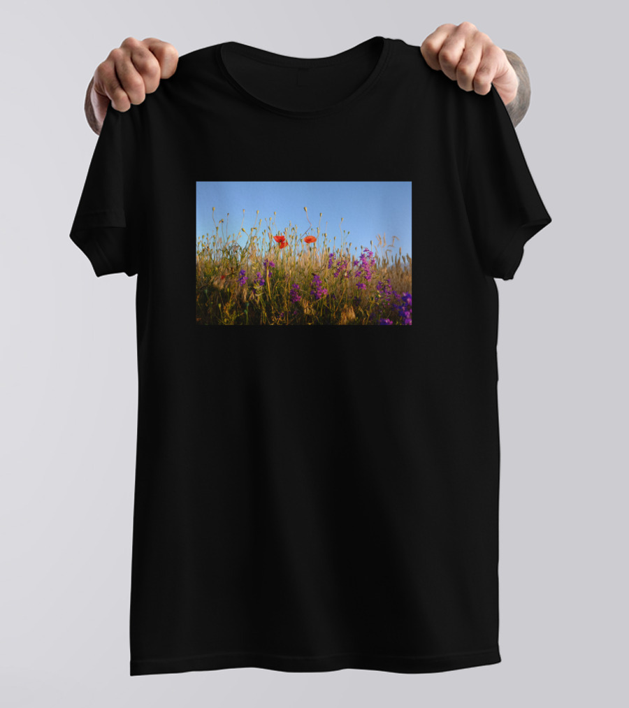 Nature Landscape Green Field Red And Purple Flowers T-Shirt